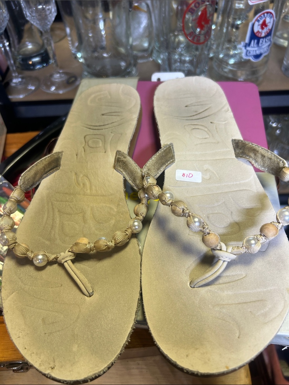 Beaded Pearl Embellished Beige Thong Sandals